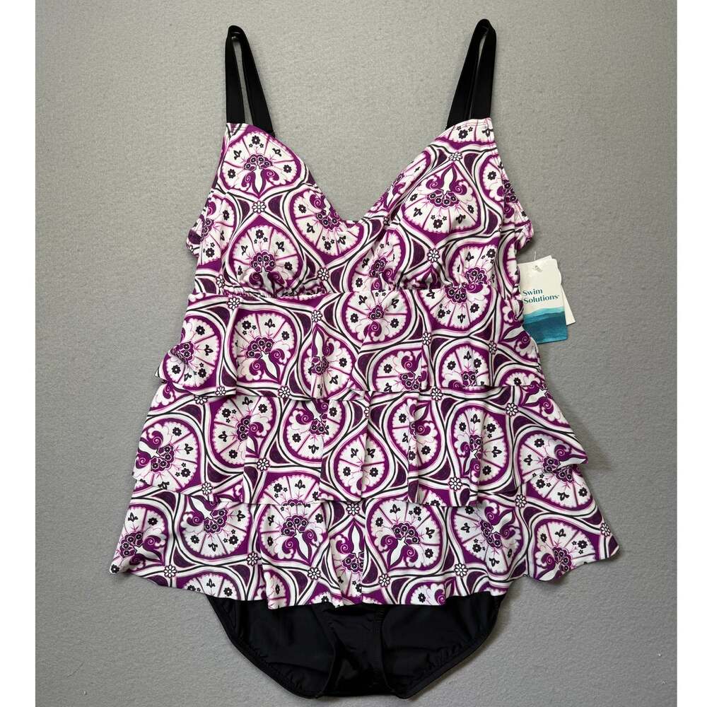 Swim Solutions Women's Printed Tiered Fauxkini 1pc swimsuit Magenta 18 $102